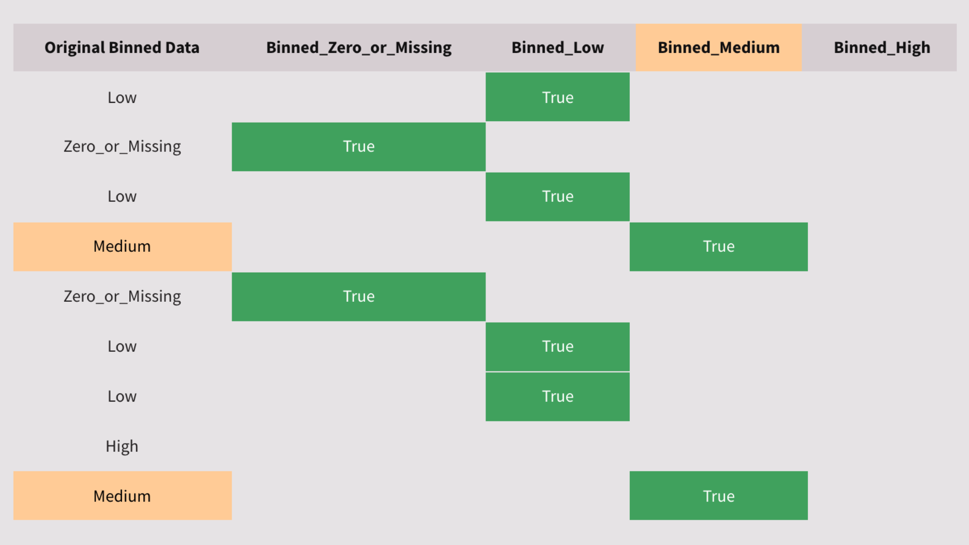 Heatmap showing binary data encoding with binned categories and true/false values, illustrating challenges in predictive analytics encoding for Market Basket Analysis.