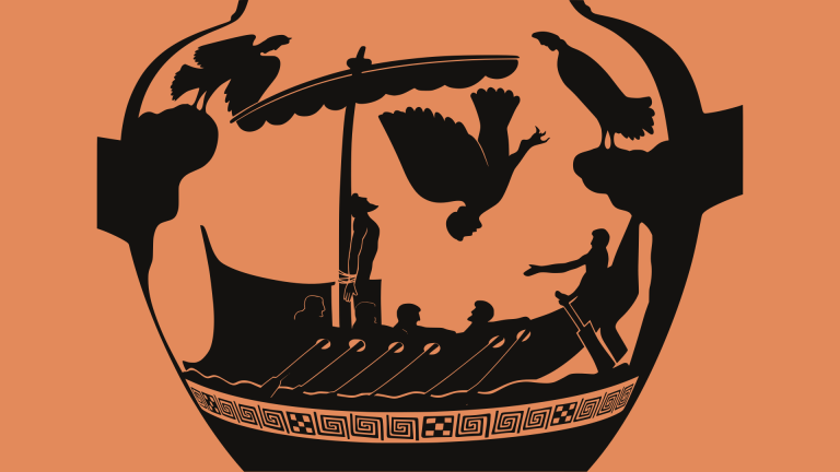 Silhouette in the style of an ancient greek pottery painting of Odysseus tied to the mast with the Sirens.